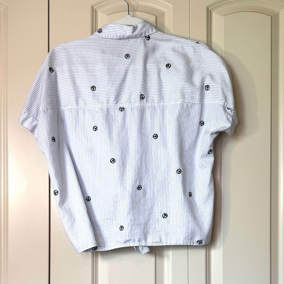 Madewell Blue White Striped Peace Sign Print Button Up Tie Front Shirt (S) - Picture 2 of 3